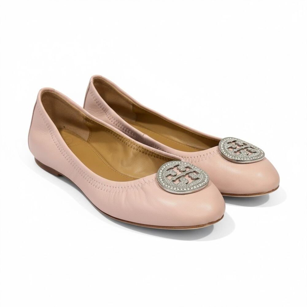 Tory Burch Liana Ballet Flat Sea Shell Pink Silver Crystal Logo Size 7.5 w/ Box